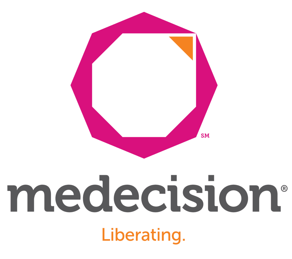 Logo of Medecision with a pink geometric shape and tagline 'Liberating.'