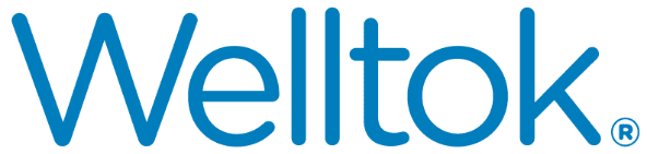 Welltok logo in blue on black background.