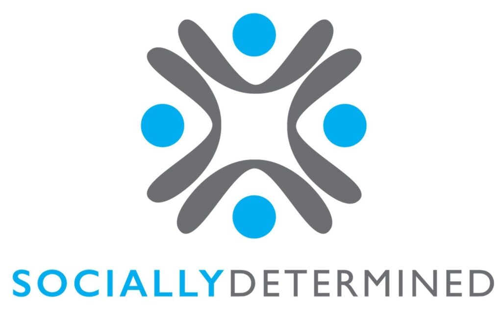 Logo with four gray figures and four blue dots forming a star shape.