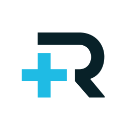 A stylized logo featuring a blue plus sign and a dark letter R.