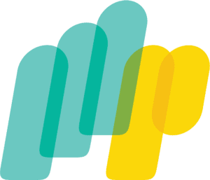 Abstract logo with overlapping teal and yellow shapes.